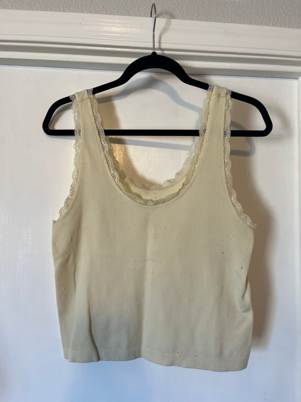 No Comment Lace Trim Ribbed Tank Top butter yellow